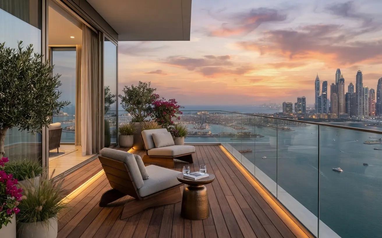 High-floor balcony with teak decking and a frameless glass railing