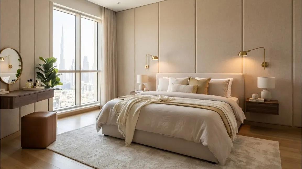 Bedroom with wall-to-wall fabric acoustic panels in soft beige