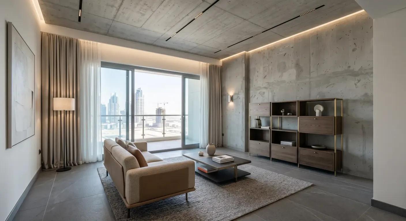 Living room with a tan sofa, dark wood and brass shelving, and a floor-to-ceiling window overlooking the Dubai skyline