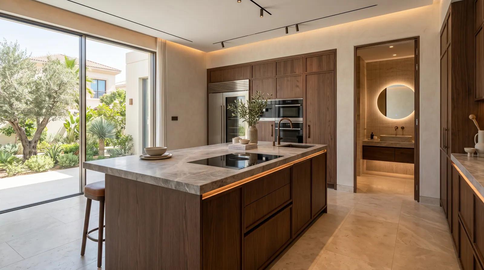 Renovated villa kitchen with island, timber joinery and stone worktop