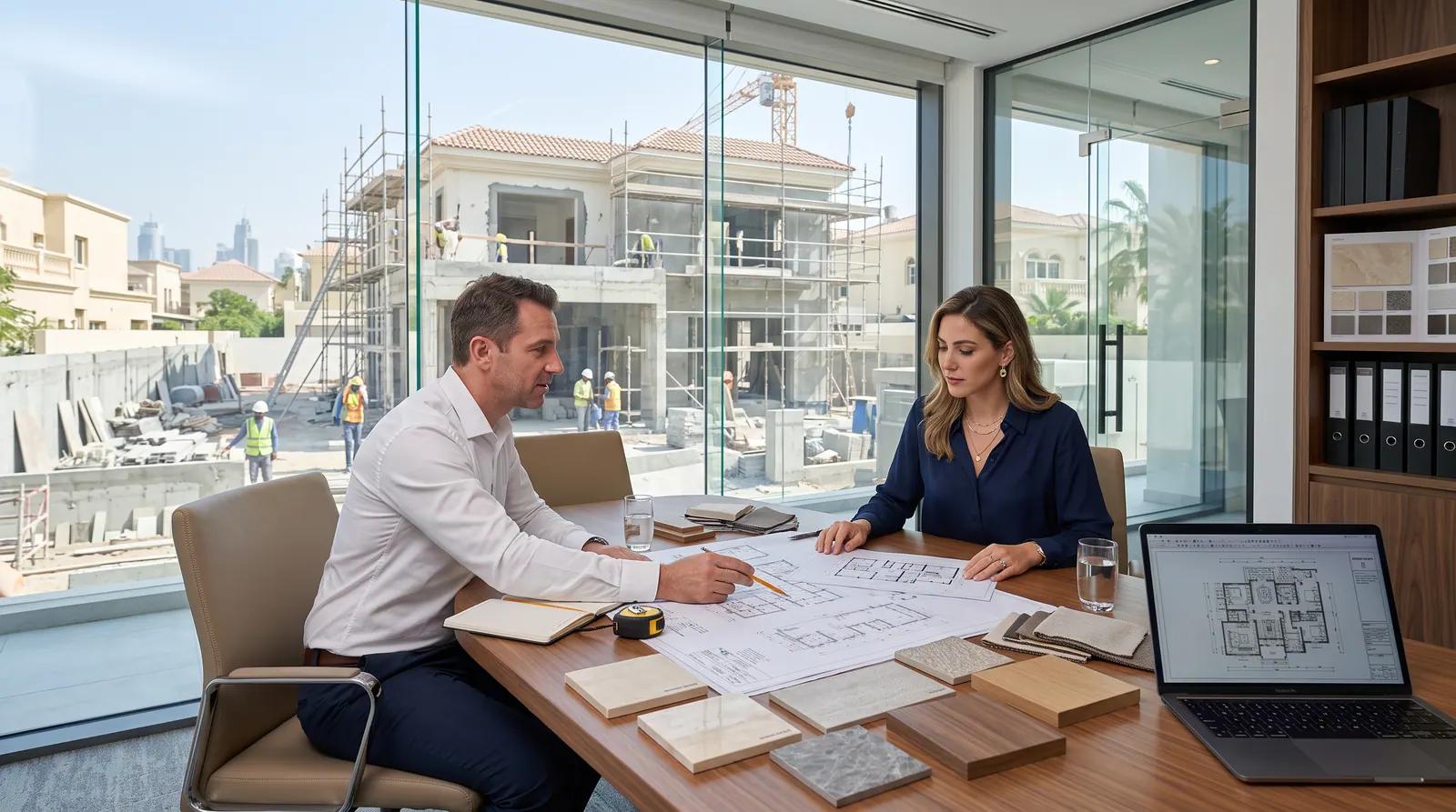 Design team reviewing villa renovation drawings and material samples