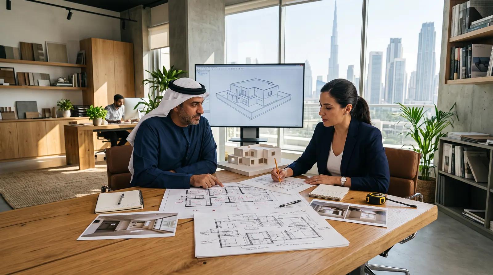 Architect and client reviewing layout options and a villa model