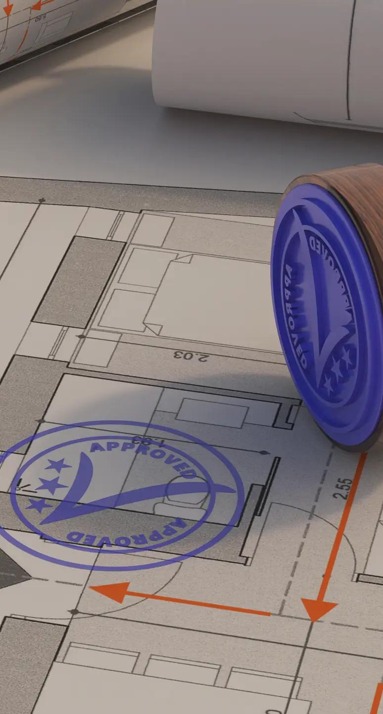 Architectural plans with an approval stamp