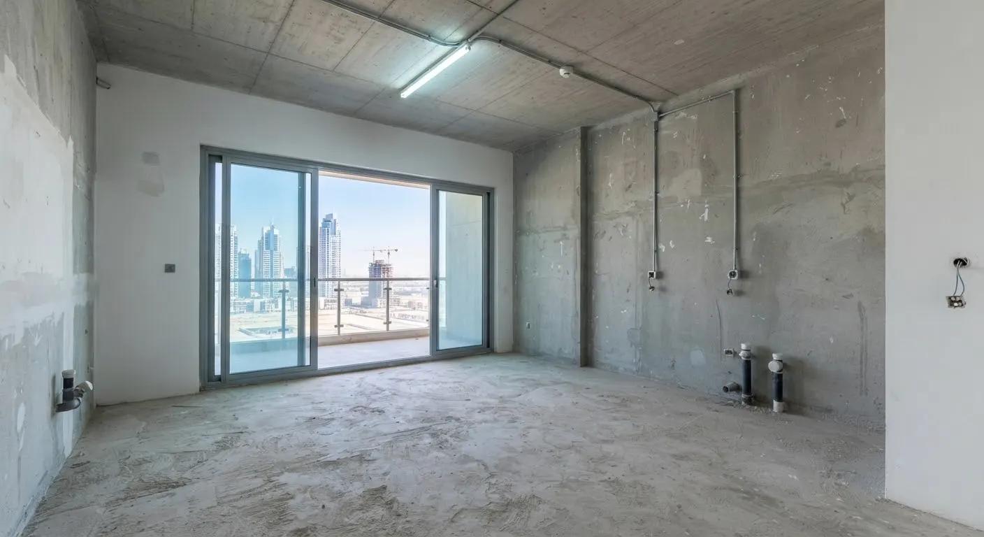 Unfinished apartment with bare concrete walls and a screed floor, before renovation