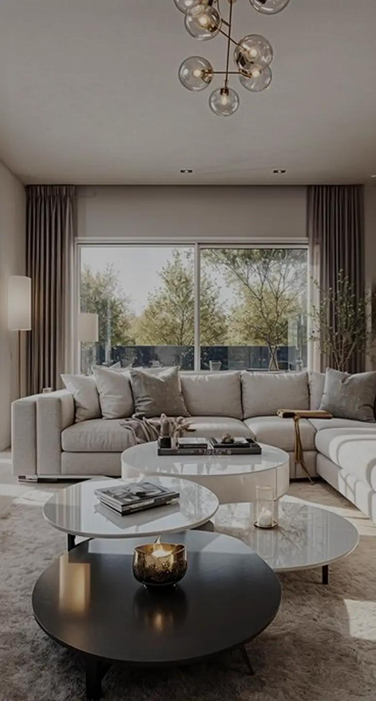 Designed living room with a sectional sofa and layered coffee tables